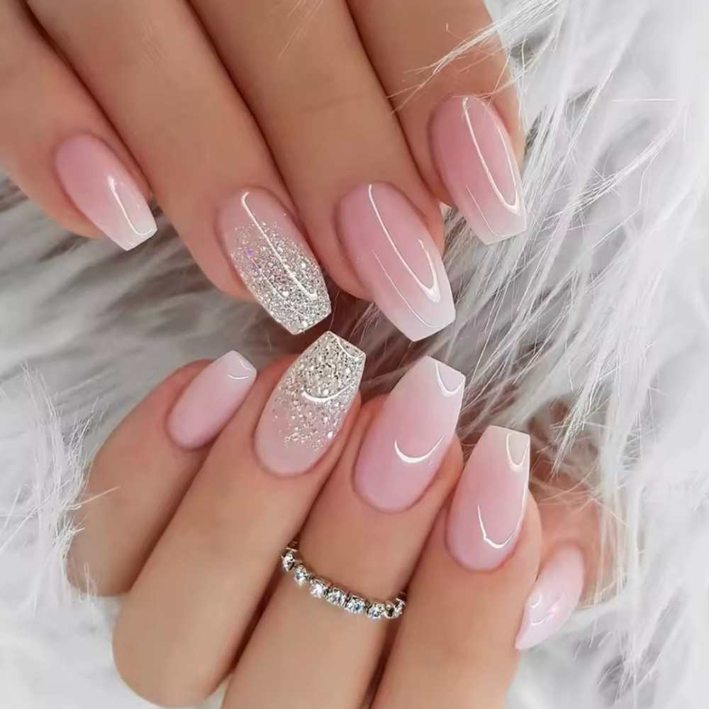 24 Pc Pink Glitter French Ombre Press On Nails